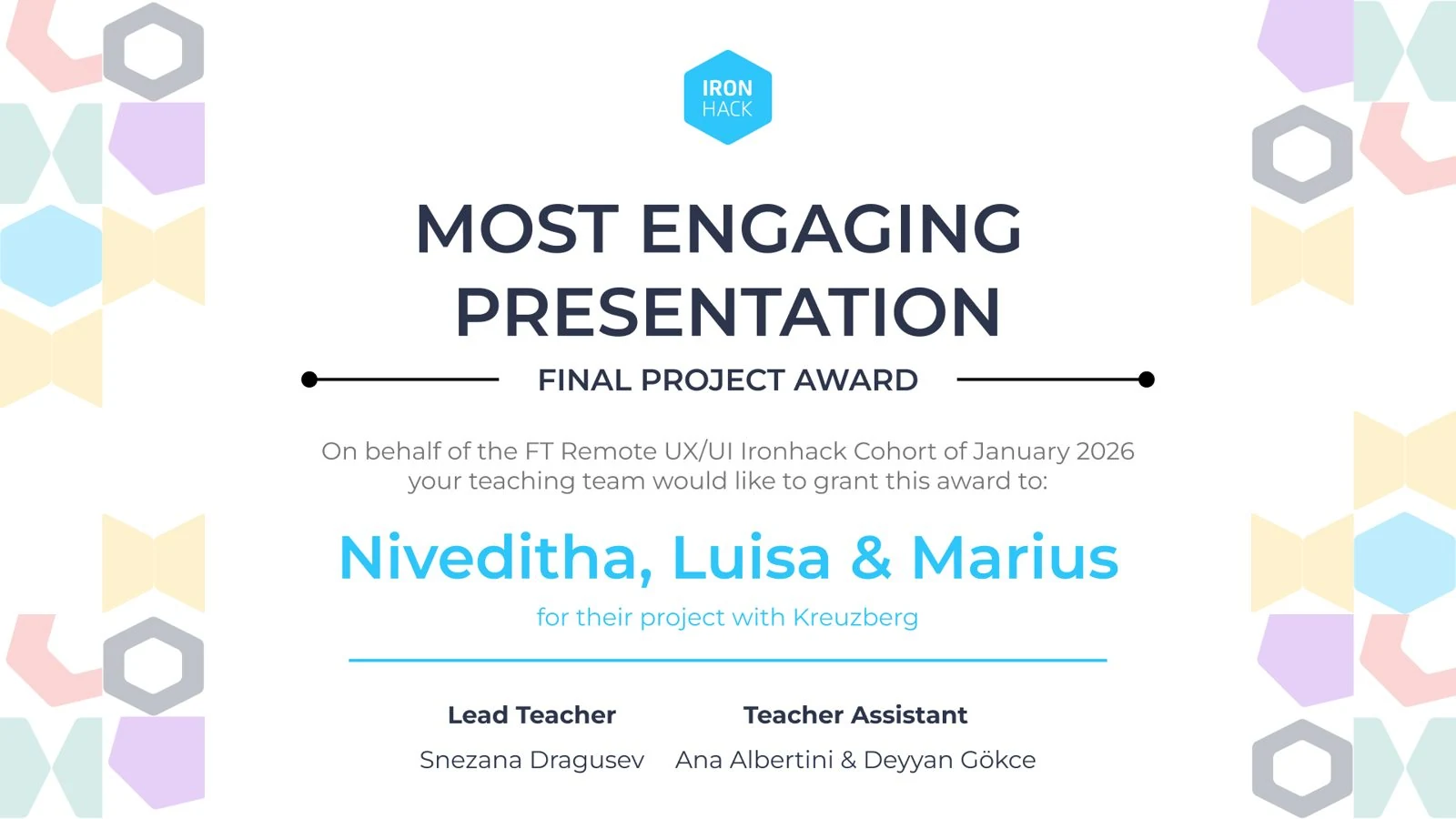 Ironhack certificate: Most Engaging Presentation, Final Project Award, granted to Niveditha, Luisa and Marius for their project with Kreuzberg