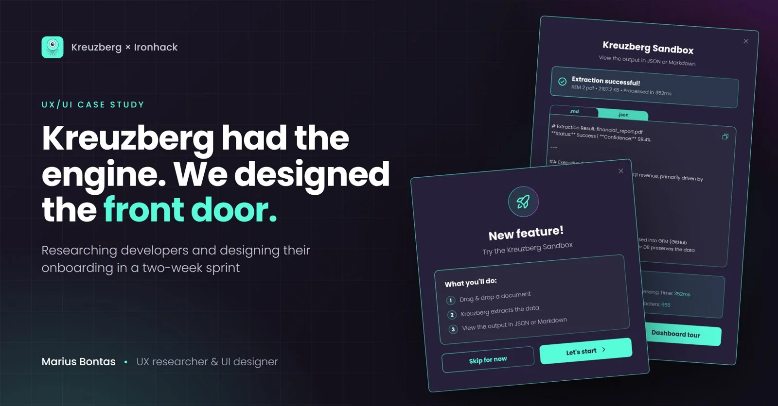 Kreuzberg case study cover: onboarding modal and sandbox screens