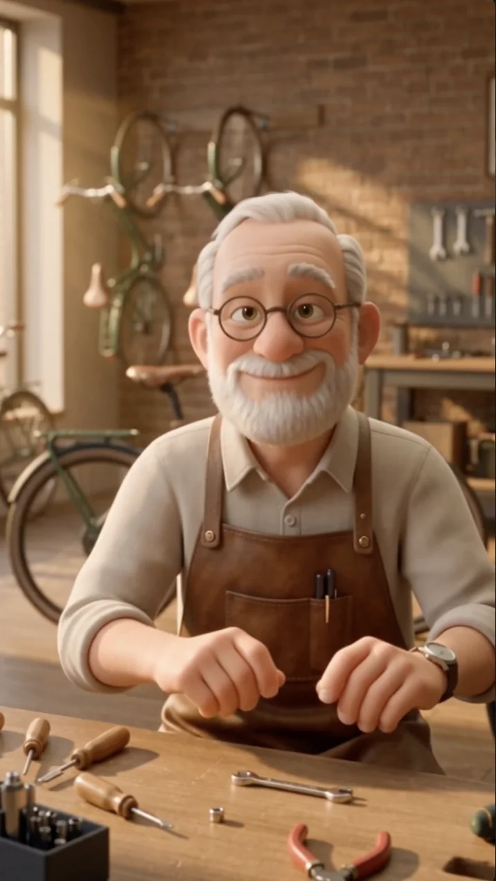 The old craftsman smiling at his workbench