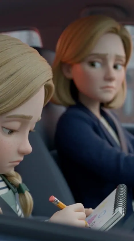 The invented drawing still showing in the two-shot at the end of the clip