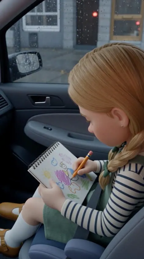 The drawing is still invented, bright crayon scribbles