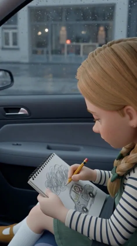 Mia drawing the correct grey car drawing from the reference