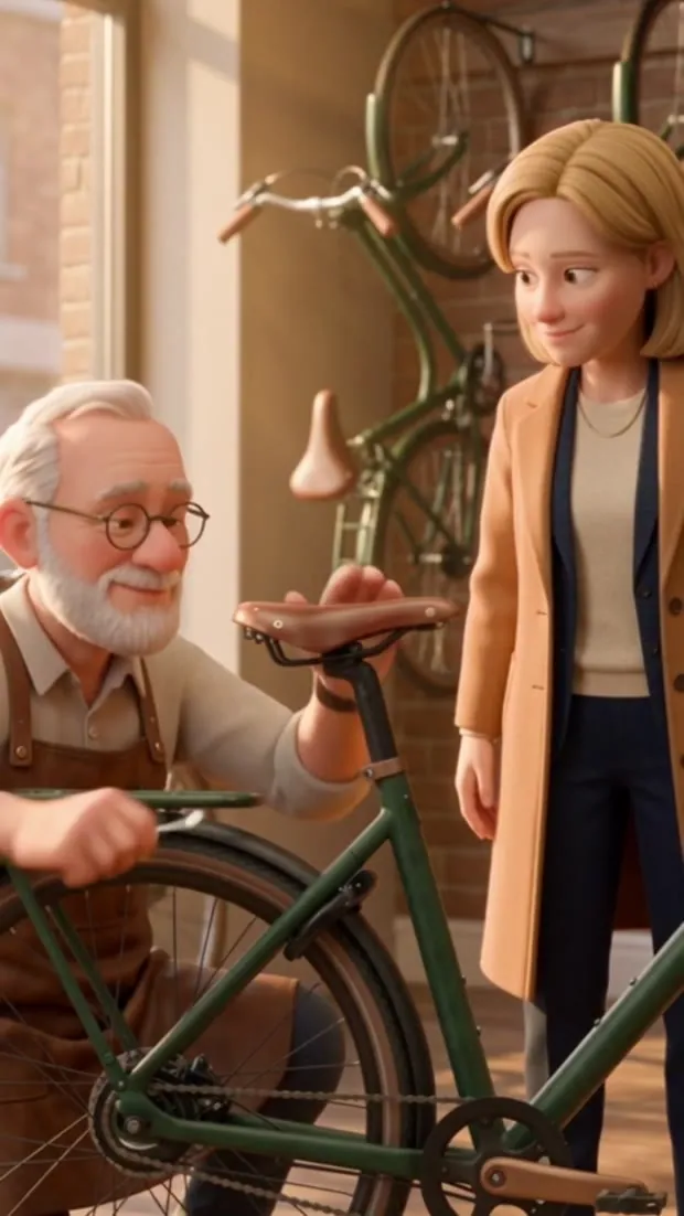 The craftsman adjusts the saddle of a forest green bike while Clarissa watches